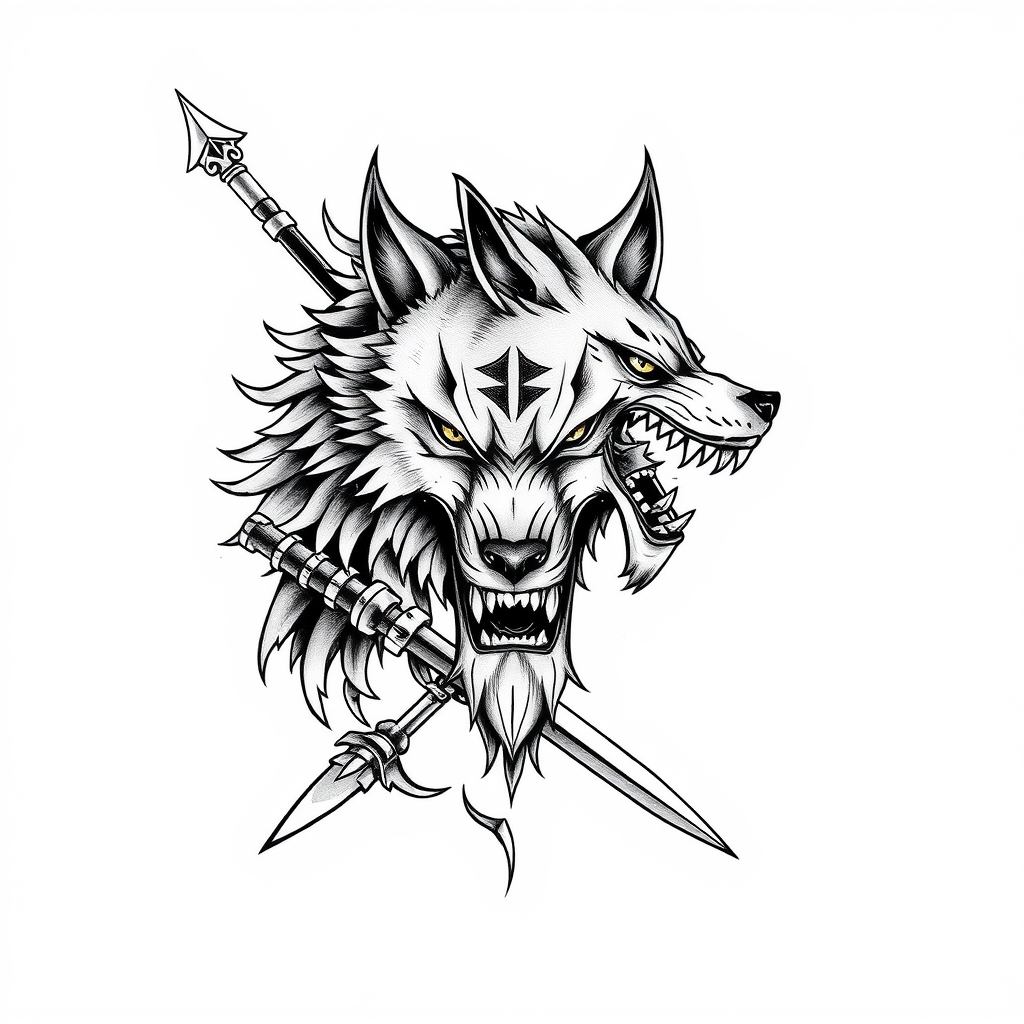 A tattoo design of wolf warrior in the style of traditional. - mythical creatures tattoo design generated by AI tattoo generator