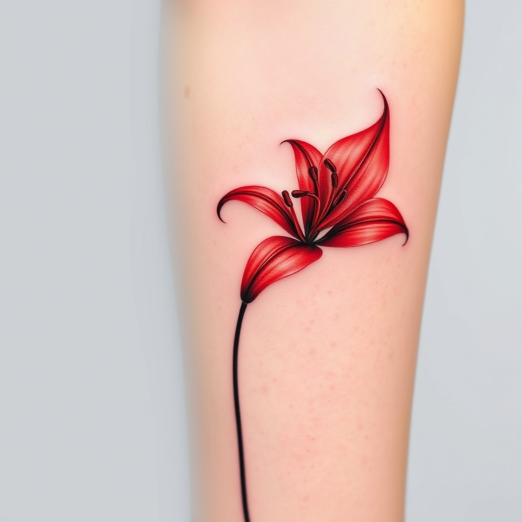 A tattoo design of Realistic spider lily tattoo design in red ink, with fine botanical detailing. The flower should have no leaves on the stem — only a single, slender, naturalistic stem supporting a fully bloomed spider lily with delicate, curled petals and long filaments, all in a vivid red tone. Efeito “ghosted” / diplopia: Overlay a second version of the same flower in pure white ink, slightly offset to the right, creating a ghosted double‑vision effect (3D‑style diplopia). The white flower should look like a translucent echo or spiritual aura of the red lily, as if its soul is gently drifting out. Contraste e estilo: Focus on soft contrast between the vibrant red and ethereal white. The design should be clean, refined, and emotionally expressive — balancing realism and minimalism. in the style of realistic. - flower tattoo tattoo design generated by AI tattoo generator
