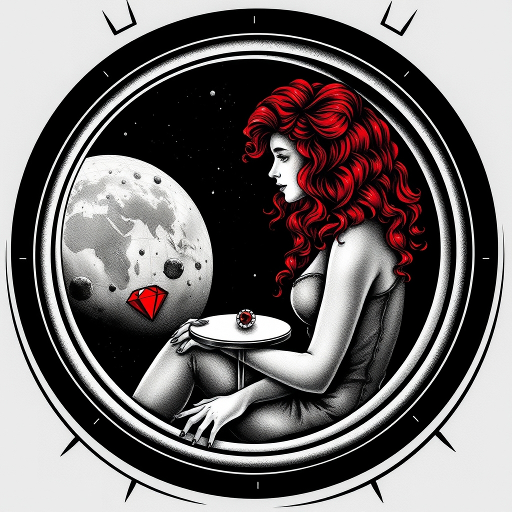 A tattoo design of Black and grey style. Redhead woman with curly hair sitting in a small space capsule alone. Floating through space with nothing to keep her company but a thing red ruby which she keeps on the small table by the porthole window. They are both sitting by the window peering out on an unknown planet. in the style of surrealistic. - space travel tattoo design generated by AI tattoo generator