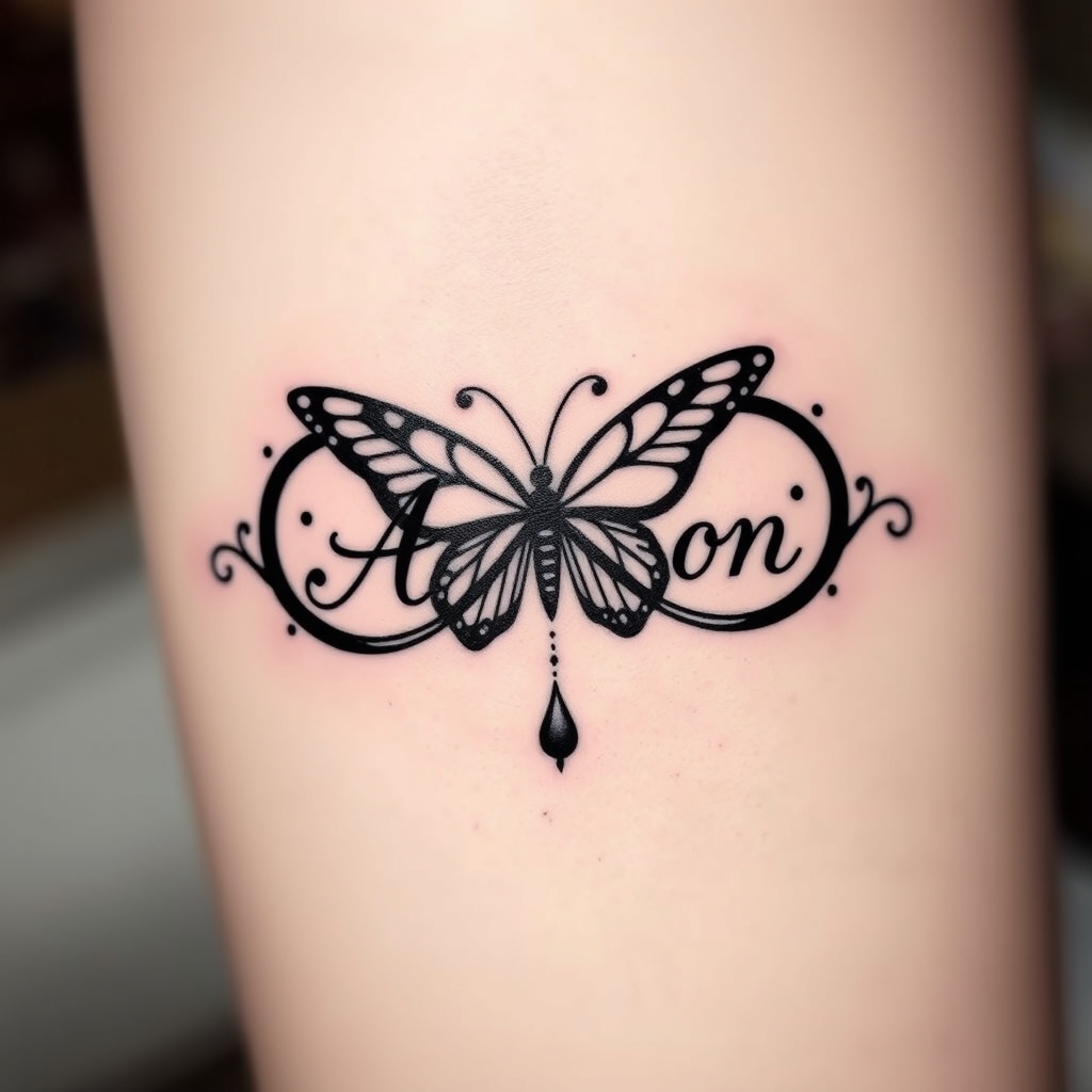 A tattoo design of Infinity symbol with the name Aaron butterfly in the style of blackwork. - symbol with name tattoo design generated by AI tattoo generator