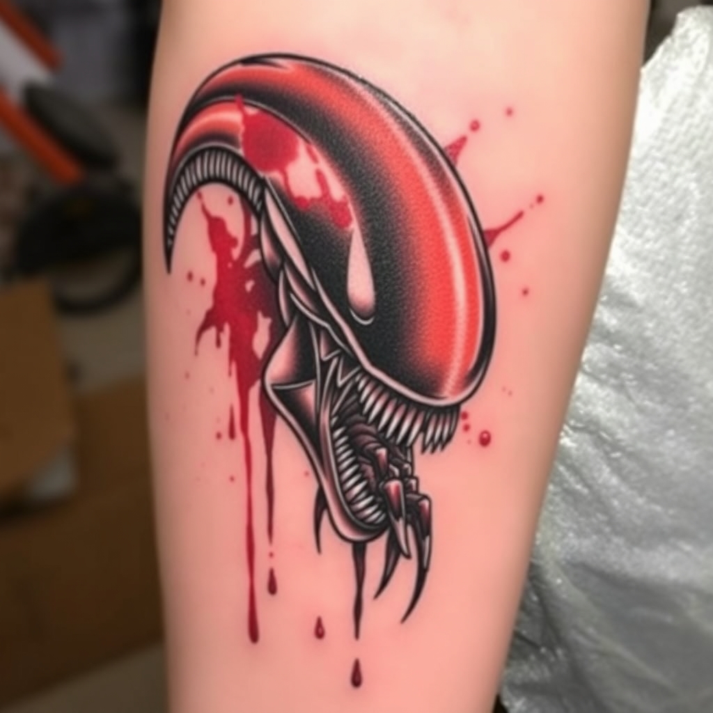 A tattoo design of Xenomorph head with blood splatter and monster coming out of mouth in the style of realistic. - horror movie creature tattoo design generated by AI tattoo generator