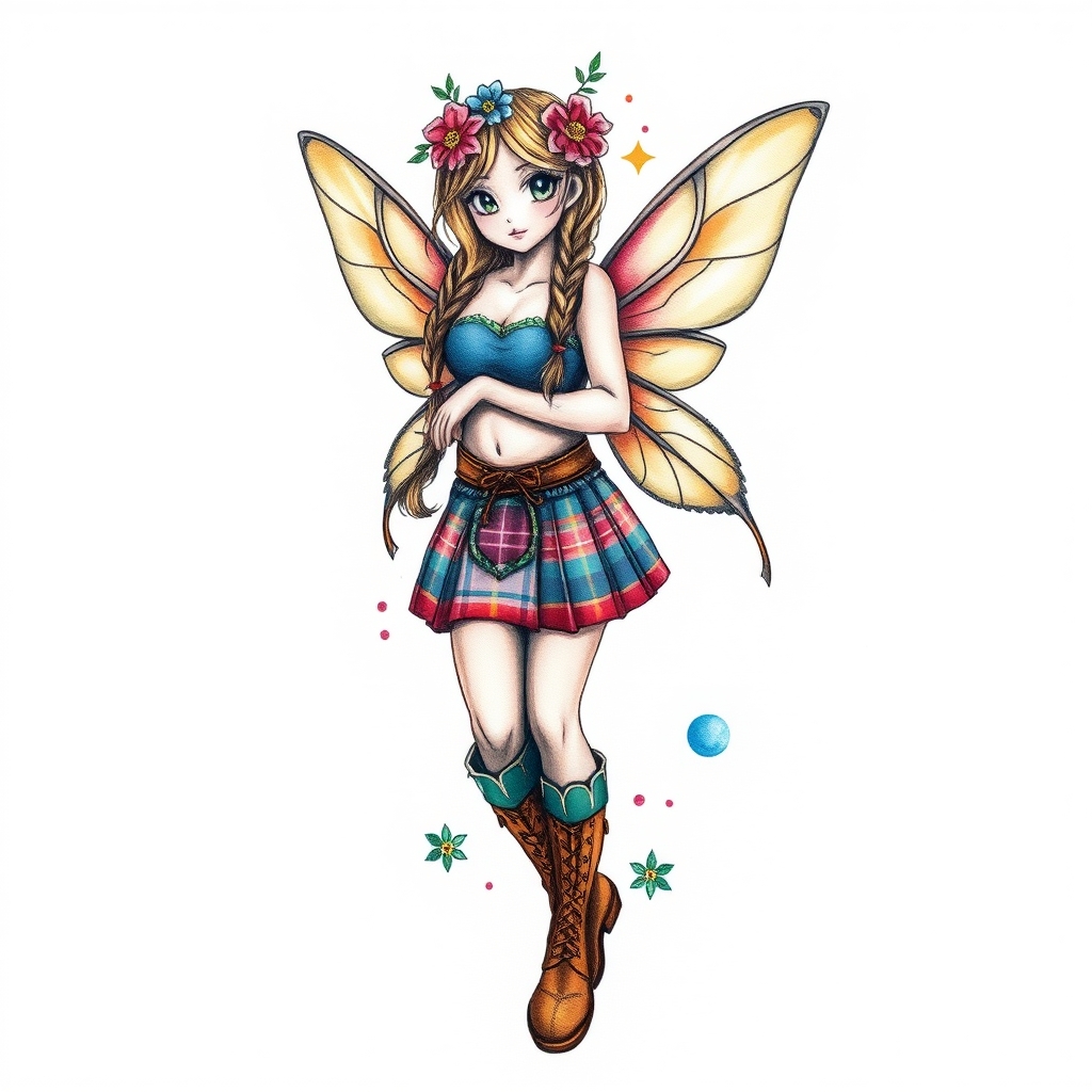 A tattoo design of Scottish flower fairy, wearing kilt and dm boots hair in braids, scottish flag in background in the style of watercolor. - mythical creature tattoo design generated by AI tattoo generator