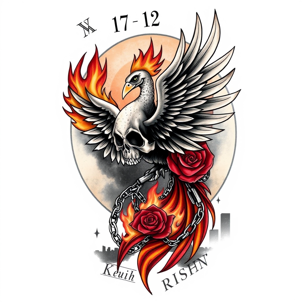 A tattoo design of That's a powerful and deeply symbolic set of themes: Pain, Drugs, Jail, and New Beginnings. Here's a tattoo concept that could visually capture that emotional journey:   ---  🔥 Tattoo Concept: “Phoenix in Chains”  Design Description:  Central Figure: A phoenix in mid-rebirth—its wings rising in flames, partially skeletal, symbolizing pain and rebirth.  Chains: Wrapped around its legs or wings, some broken, representing jail and past restraints.  Background Elements:  A skull morphing into a blooming rose, symbolizing drugs (death) transforming into life (beauty).  A sunrise breaking over a dark city skyline or prison bars, symbolizing new beginnings.   Color Palette:  Reds and oranges for fire and passion.  Dark blues and blacks for the past and struggle.  Golds or whites where new beginnings emerge.    Optional Additions:  Roman numerals or a date to mark the moment of change.  Words like “Resilient”, “Reborn”, or “Still Rising” subtly inked in the background or flame wisps.    ---  Would you like a visual sketch of this design, or would you prefer more minimalist or symbolic variations (like just the broken chains and a sprouting seed)? Let’s make something that truly tells your story.  And if you’re interested in trying this out as a temporary tattoo, check out picturetattoos.com for custom options! in the style of traditional. - phoenix mythology tattoo design generated by AI tattoo generator