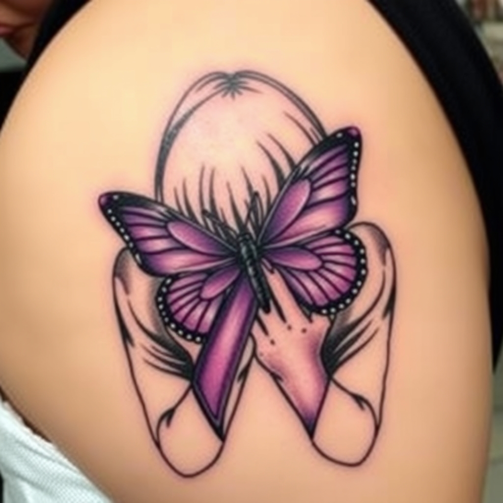 A tattoo design of Domestic violence ribbon awareness inclined together with a purple butterfly as a women hunched over her hands overing her face in the style of japanese. - domestic violence awareness tattoo design generated by AI tattoo generator
