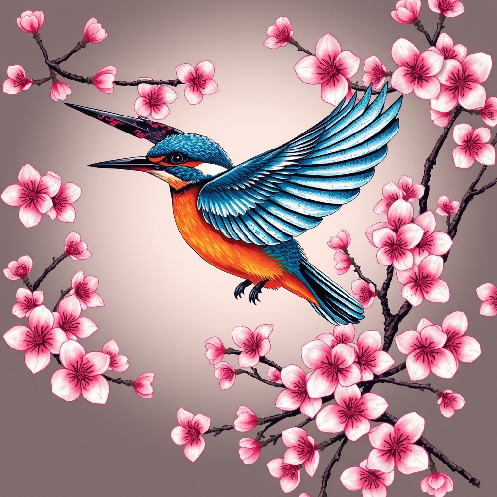 A tattoo design of blue and orange kingfisher in flight surrounded by large quantity of pink cherry blossoms in the style of japanese. - animals and flowers tattoo design generated by AI tattoo generator
