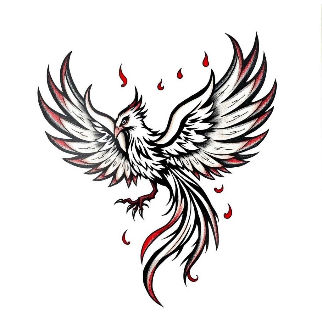 A tattoo design of pheonix, flames, whimsical in the style of tribal. - mythical creatures tattoo design generated by AI tattoo generator