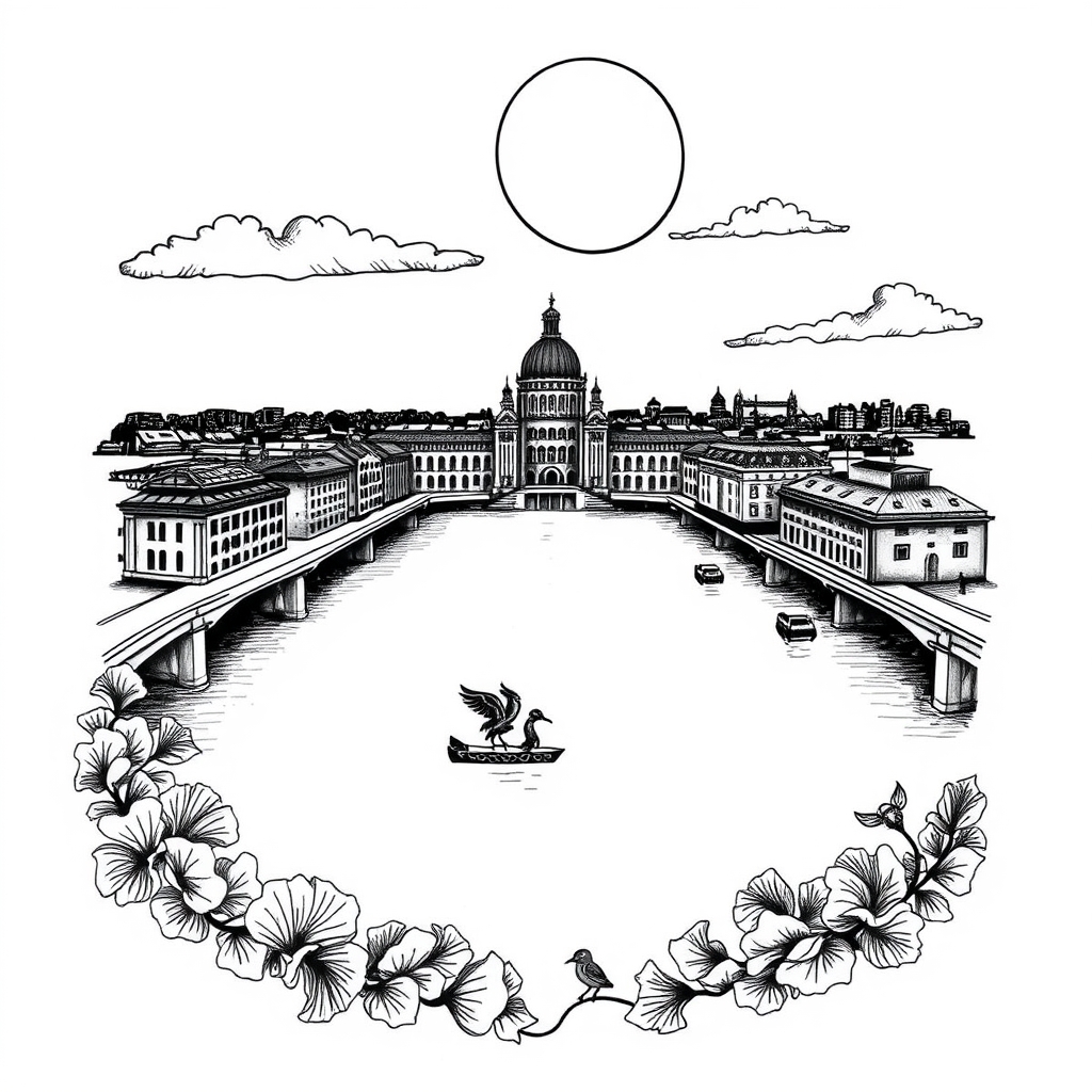 A tattoo design of Liverpool city landscape in the style of blackwork. - city landscape tattoo design generated by AI tattoo generator