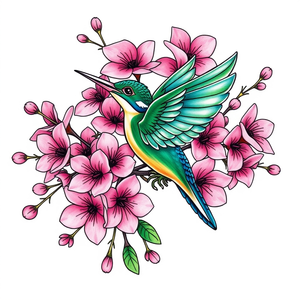A tattoo design of Bunches of pink cherry blossoms with green and blue kingfisher in flight in the style of tribal. - nature tattoo design generated by AI tattoo generator