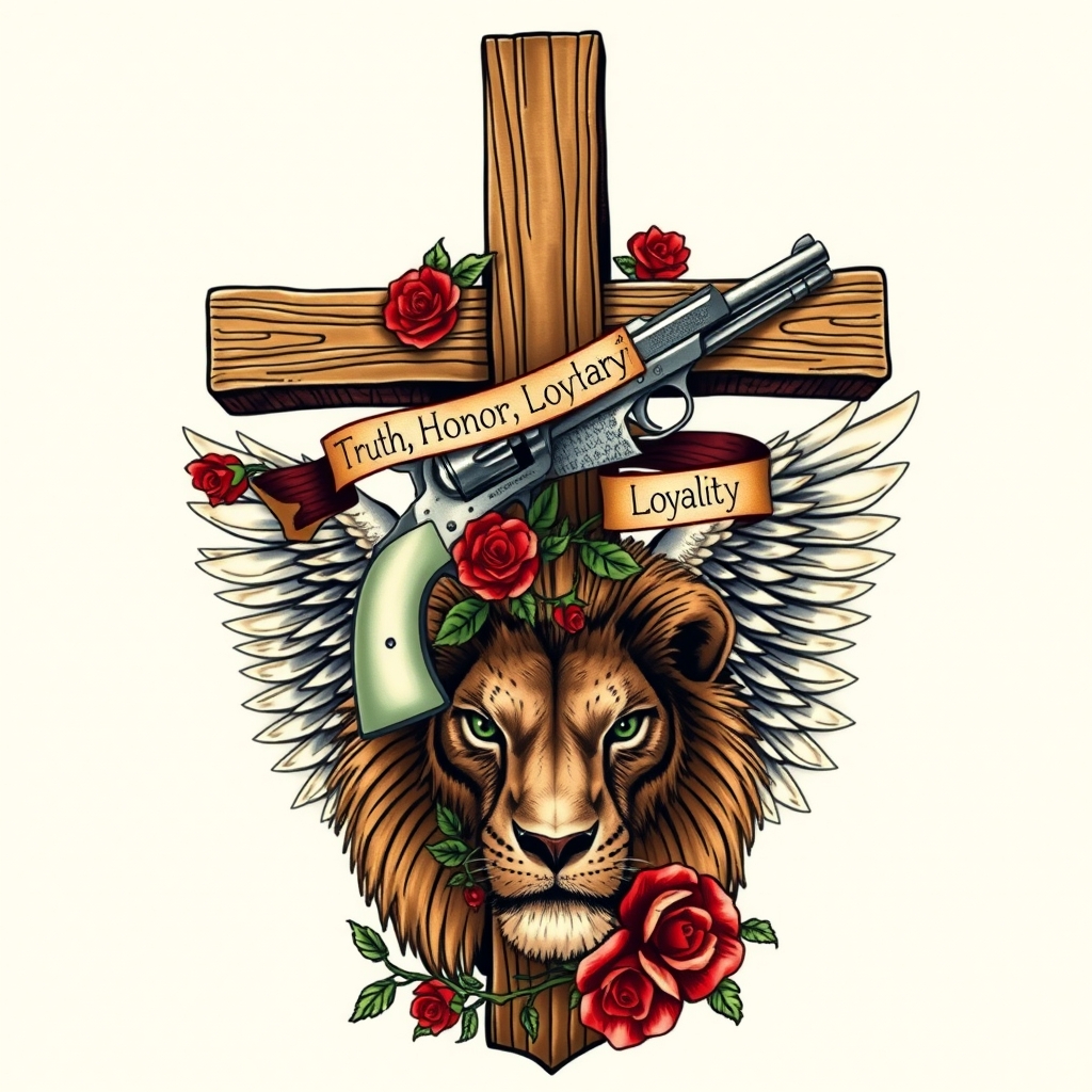 A tattoo design of A Large wooden Christian Cross with the words written in Latin (Truth, Honor, Loyalty) in a banner intertwined around the cross. 2 pearl-colored handle 1800's Colt 45 guns going diagonal across the back of the Cross with a vine of red roses wrapped around the cross and guns, and an White Eagles wings on a brown, gentle, green-eyed lion in the style of surrealistic. - christian symbols tattoo design generated by AI tattoo generator