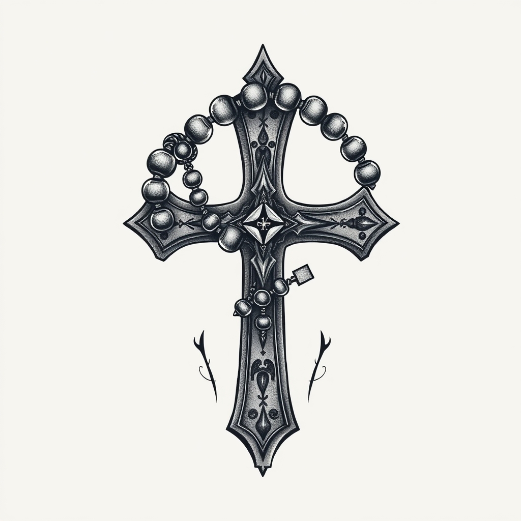 A tattoo design of Rosary wrapped around Ukrainian Orthodox Cross in the style of surrealistic. - religion christianity tattoo design generated by AI tattoo generator