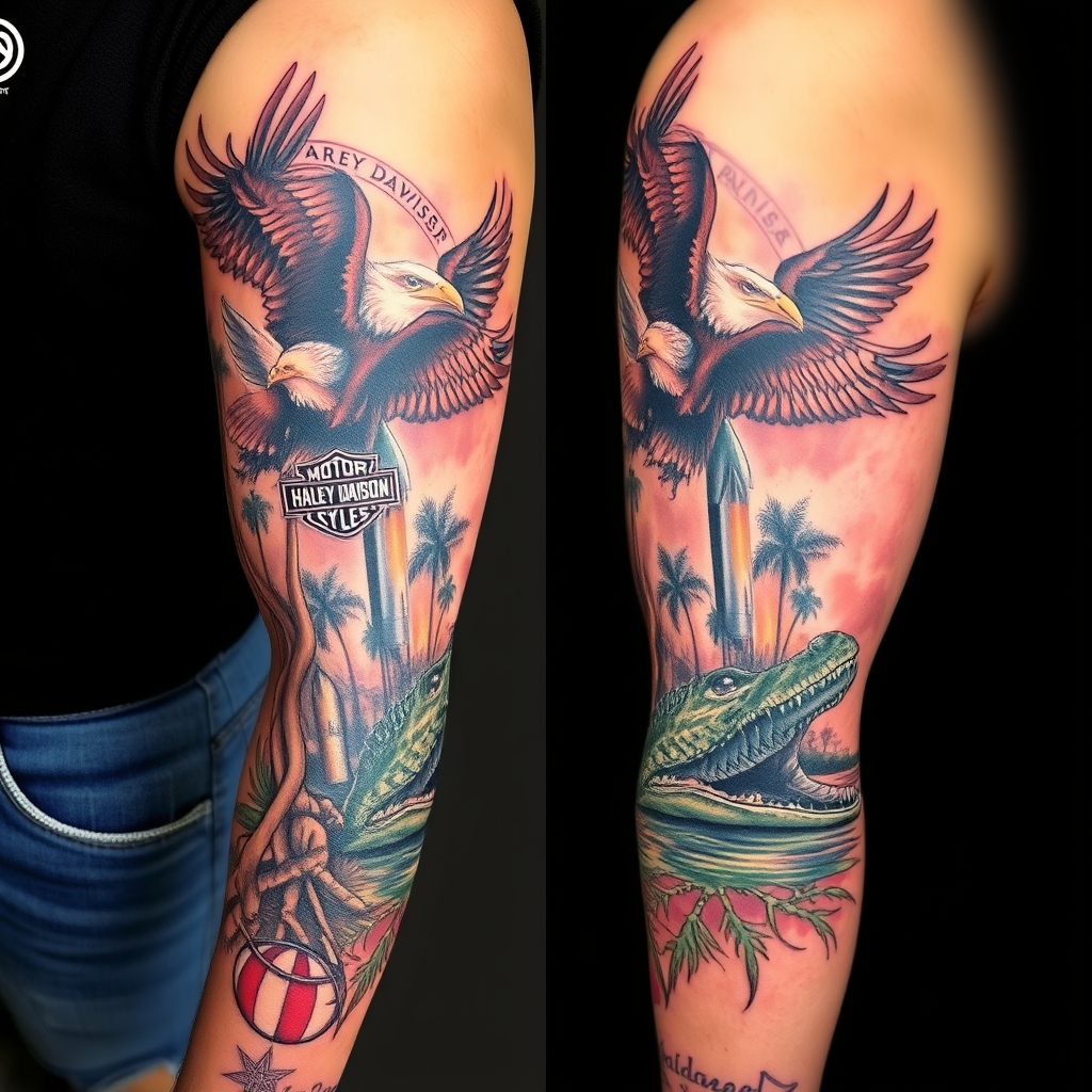 A tattoo design of Right arm full sleeve with the upper containing Harley Davidson theme with eagles mixed with the lower of Florida cypress swamp theme with alligator and space shuttle launch in the background  in the style of realistic. - motorcycle travel florida wildlife tattoo design generated by AI tattoo generator