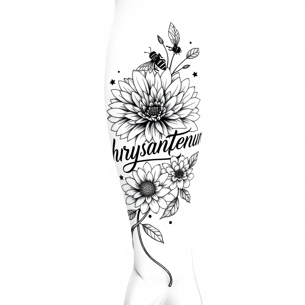 A tattoo design of Black and white half sleeve forearm and hand, the word Chrysanthemum in cursive, bees, blooming Chrysanthemum in the style of abstract. - flowers and insects tattoo design generated by AI tattoo generator