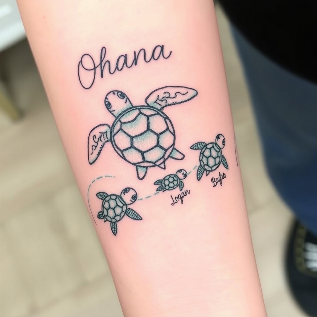 A tattoo design of I want a custom forearm tattoo featuring a momma sea turtle and three baby turtles, inspired by the characters from Finding Nemo—cute, rounded, with expressive features. At the top of the design, near my elbow, I want the word ‘Ohana’ in a script that curves around my arm slightly. The momma turtle will lead the way, and behind her, the three baby turtles will swim in a flowing line toward my wrist. I’d like a stream of water that weaves between and around all the turtles to connect them, giving it movement and a sense of journey. The names Ana, Logan, and Baylee should be placed just beside each baby turtle—not on the shells—and written in a delicate script font. For colors, I prefer a limited palette: muted seafoam and olive greens for the turtles, light teal or watercolor blue for the stream, and sandy beige or soft gray for the names and ‘Ohana.’ The overall style should feel soft and elegant with fine lines, but still playful like the turtles in Finding Nemo. It should flow naturally with the shape of my right forearm in the style of watercolor. - sea turtles tattoo design generated by AI tattoo generator