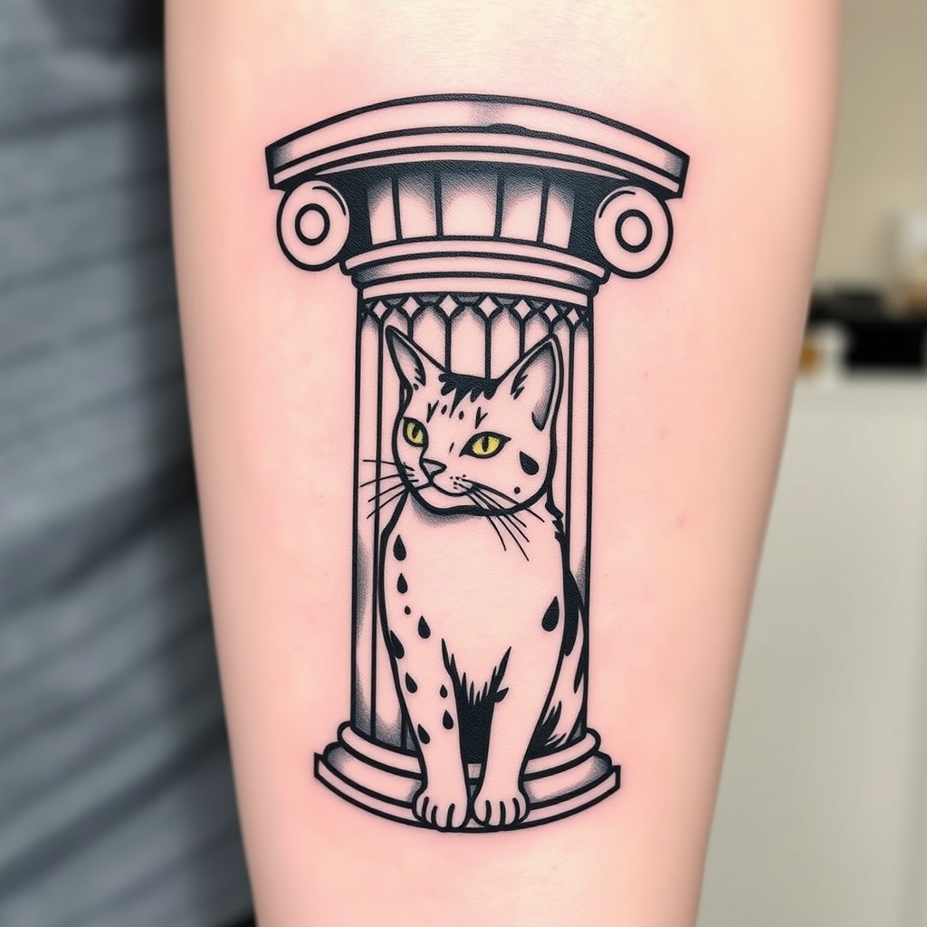 A tattoo design of Greek pillar with a cat  in the style of minimalist. - greek architecture tattoo design generated by AI tattoo generator