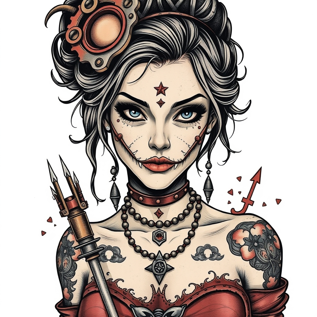 A tattoo design of Steampunk girl who is dangerous in the style of surrealistic. - steampunk tattoo design generated by AI tattoo generator