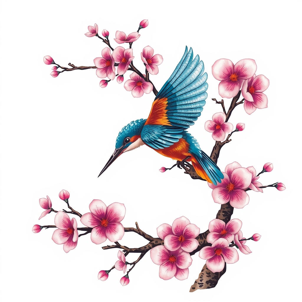 A tattoo design of Pink cherry blossom tree with flying blue and orange kingfisher in the style of surrealistic. - nature tattoo design generated by AI tattoo generator