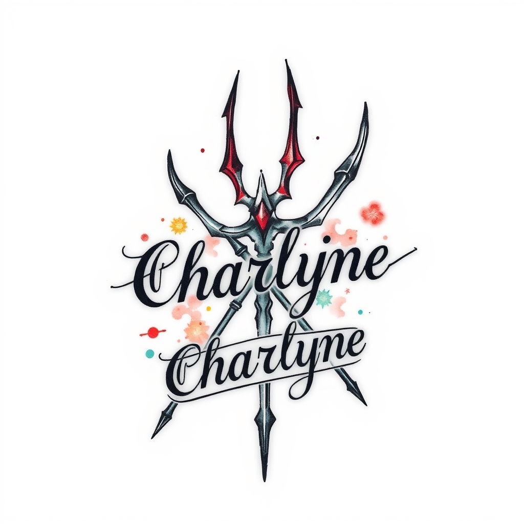 A tattoo design of Guerrière Vicking avec des signes tribaux, le prénom Charlyne écrit en Vicking, armée d'un trident in the style of watercolor. - viking warrior tattoo design generated by AI tattoo generator