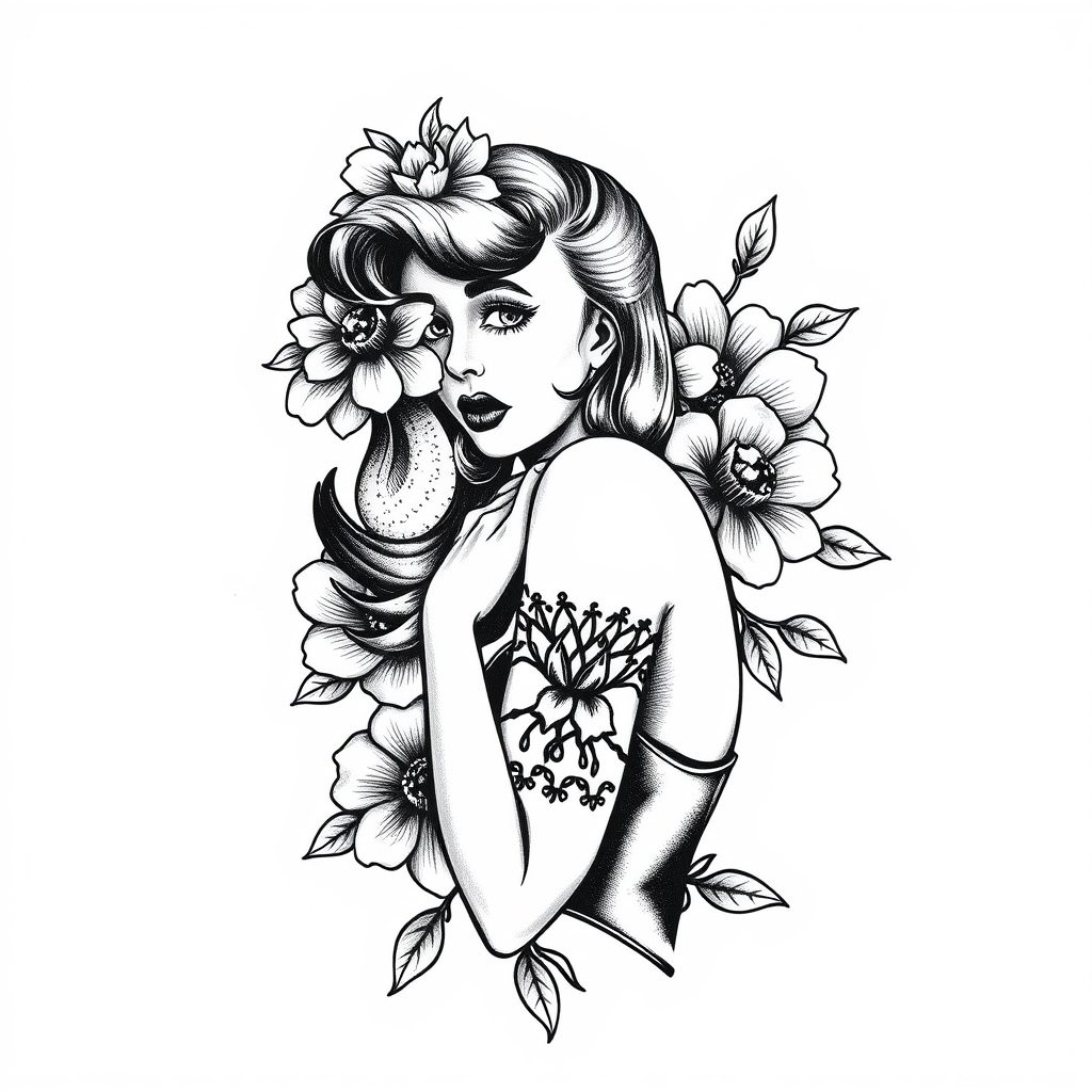 A tattoo design of pinup girl ancor flowers vintage tattoo on white background in the style of blackwork. - pinup girl tattoo design generated by AI tattoo generator