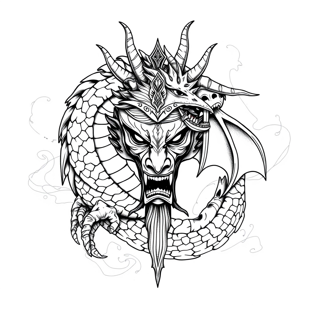 A tattoo design of Dragon,Libra goddness,oni mask in the style of realistic. - mythological symbols tattoo design generated by AI tattoo generator