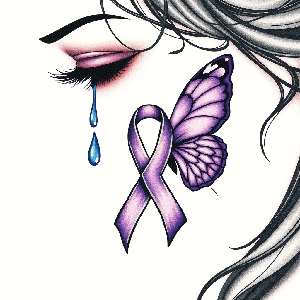 A tattoo design of A tear running down a woman's face with a domestic violence ribbon and a purple butterfly entwined together in the style of traditional. - domestic violence awareness tattoo design generated by AI tattoo generator