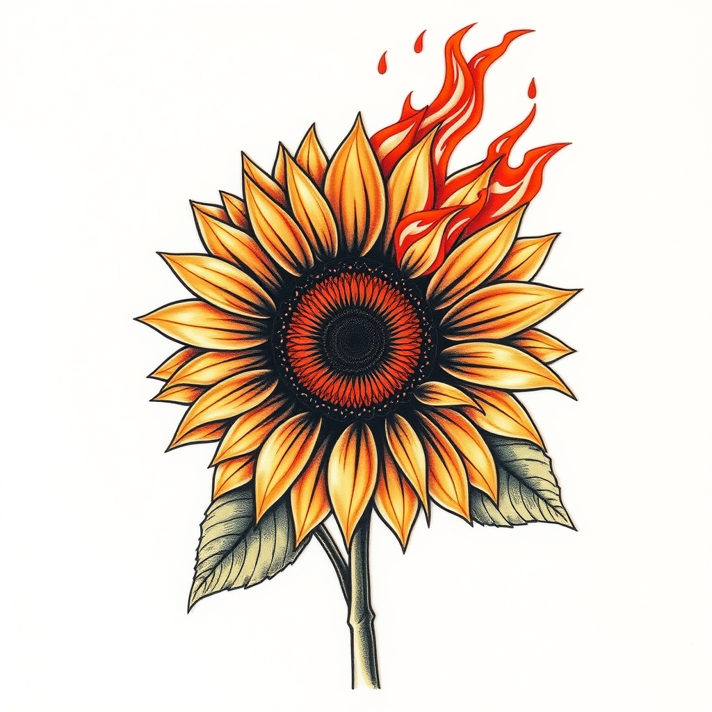 A tattoo design of Burning sunflower in the style of realistic. - flowers tattoo design generated by AI tattoo generator