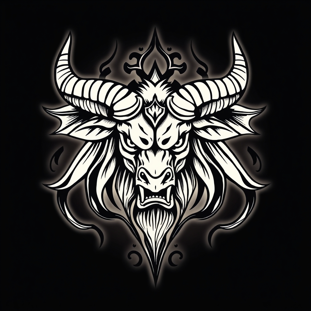 A tattoo design of Angry Taurus in the style of traditional. - zodiac sign tattoo design generated by AI tattoo generator