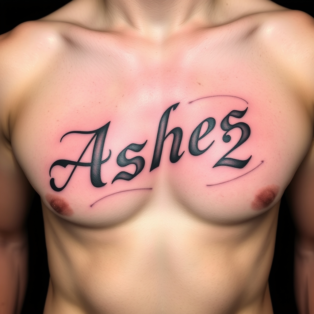 A tattoo design of Words "Ashes 222 Ashes" on left pectoralis in the style of geometric. - text tattoo design generated by AI tattoo generator