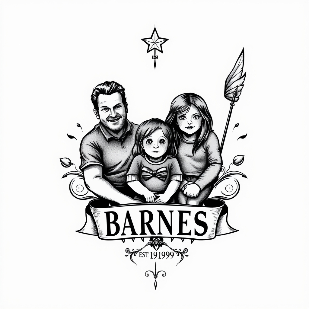 A tattoo design of Name Barnes, with wife and three kids established 1996 in the style of realistic. - family crest tattoo design generated by AI tattoo generator