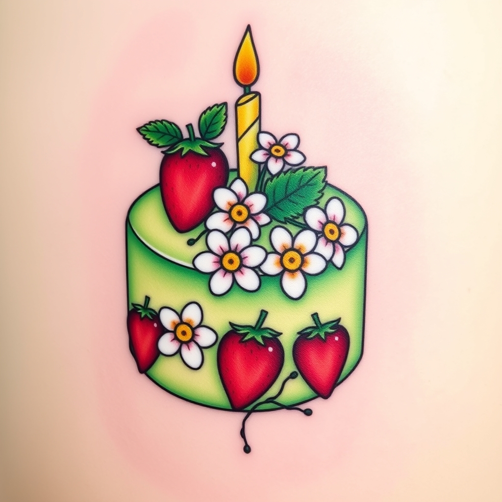 A tattoo design of A strawberry shortcake birthday cake being a pastel green cake. The flowers of the strawberry plant should be white and the centers being yellow in the style of realistic. - dessert food tattoo design generated by AI tattoo generator