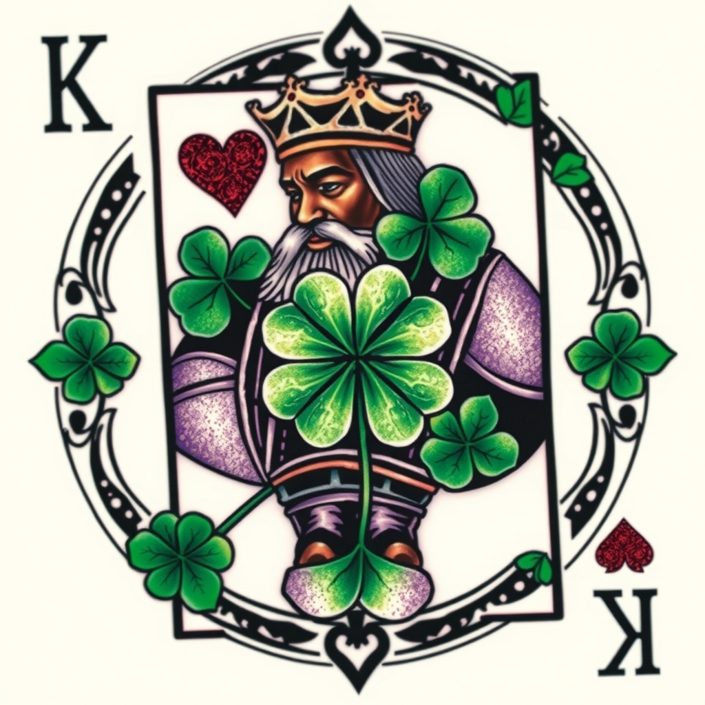A tattoo design of I would like a 3 dimensional photo realistic playing card, an African American king of 4 leaf clovers, with black, green, and purple ink, maybe some white ink for highlighting. NO red ink. in the style of geometric. - playing card tattoo design generated by AI tattoo generator