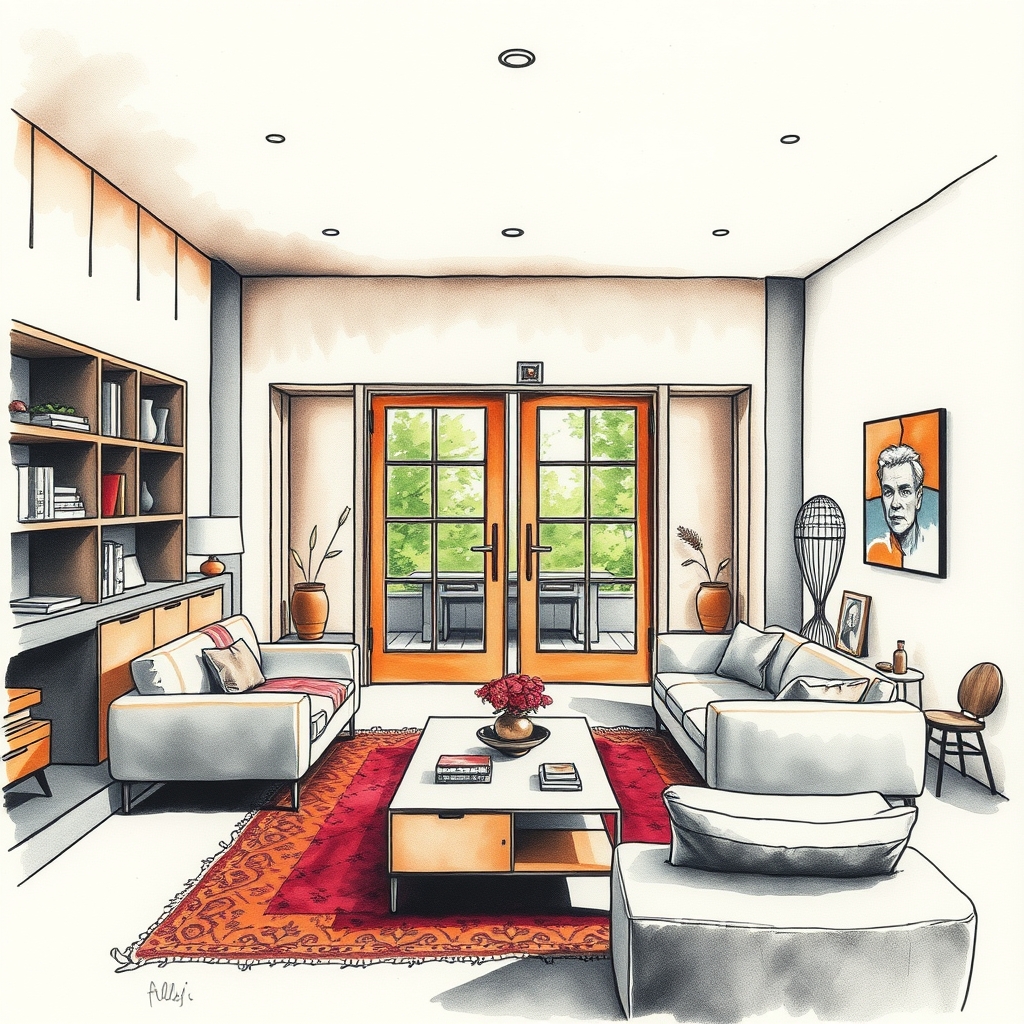 A tattoo design of A livingroom with 2 glassdoors,soviet brutalism, by Alessio Albi in the style of watercolor. - soviet brutalism tattoo design generated by AI tattoo generator
