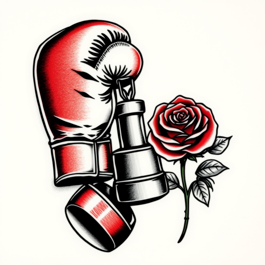 A tattoo design of A pair of boxing gloves, a dumbell, and a rose in the style of realistic. - fitness symbols tattoo design generated by AI tattoo generator