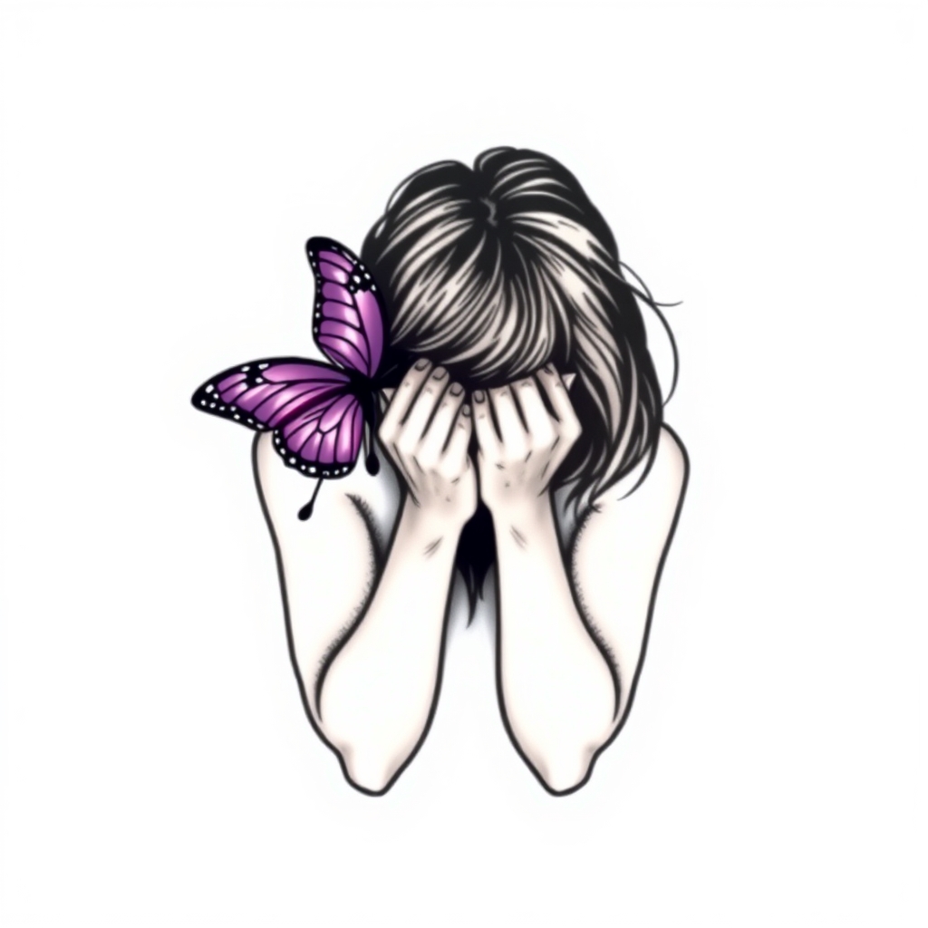 A tattoo design of Domestic violence ribbon awareness inclined together with a purple butterfly as a women hunched over her hands overing her face in the style of minimalist. - domestic violence awareness tattoo design generated by AI tattoo generator