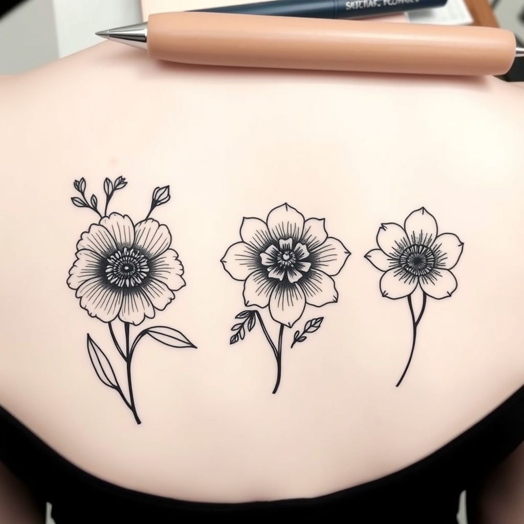 A tattoo design of February and August and December birth flowers in the style of blackwork. - birth flowers tattoo design generated by AI tattoo generator