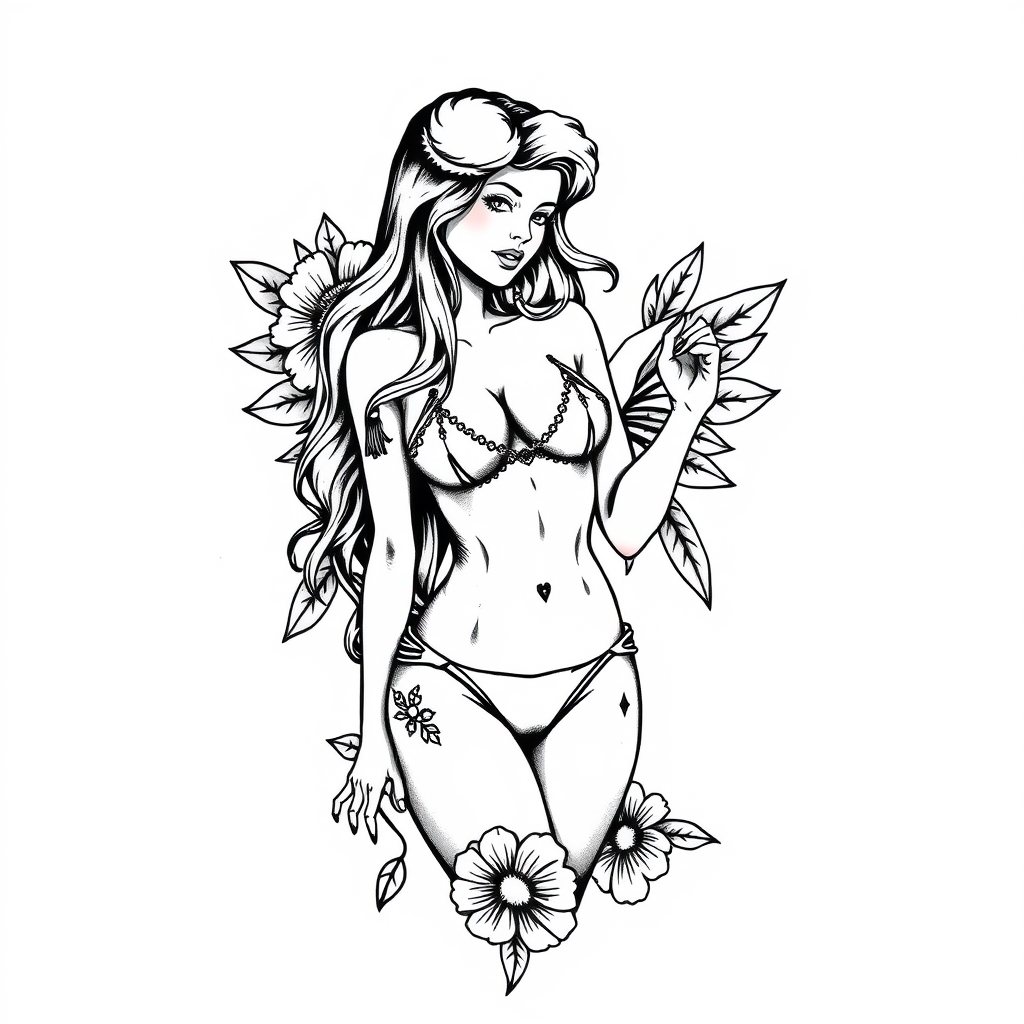 A tattoo design of bikini girl vintage tattoo on white background in the style of blackwork. - pin up art tattoo design generated by AI tattoo generator