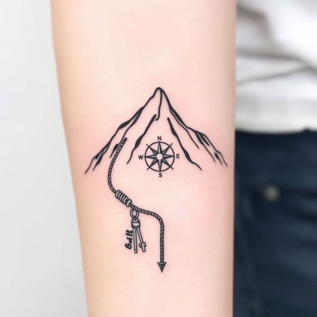 A tattoo design of Minimal Appalachian mountain silhouette — clean lines, ready for your artist to add watercolor shading Climbing rope spiral — simple fine-line rope winding up the mountain  Split strands — 3 near the peak with small handwritten B, A, and N initials next to each strand  Tiny key tucked along the rope  Compass rose at the summit with “Joffe” written in the center ✅ Sized to fit the forearm, with a long vertical flow in the style of realistic. - mountain landscape tattoo design generated by AI tattoo generator