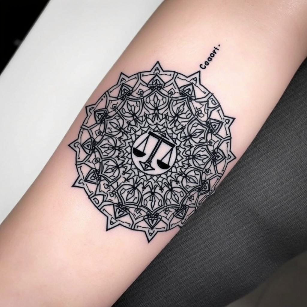 A tattoo design of Central Mandala: Intricate and symmetrical, radiating inner peace. Libra Symbol: Embedded subtly in the center, maintaining harmony within the design. Geometric Band: Wraps around the forearm with sacred shapes and balanced flow. Spiritual Touches: Dotwork textures and symmetrical balance throughout. in the style of realistic. - spiritual symbols tattoo design generated by AI tattoo generator