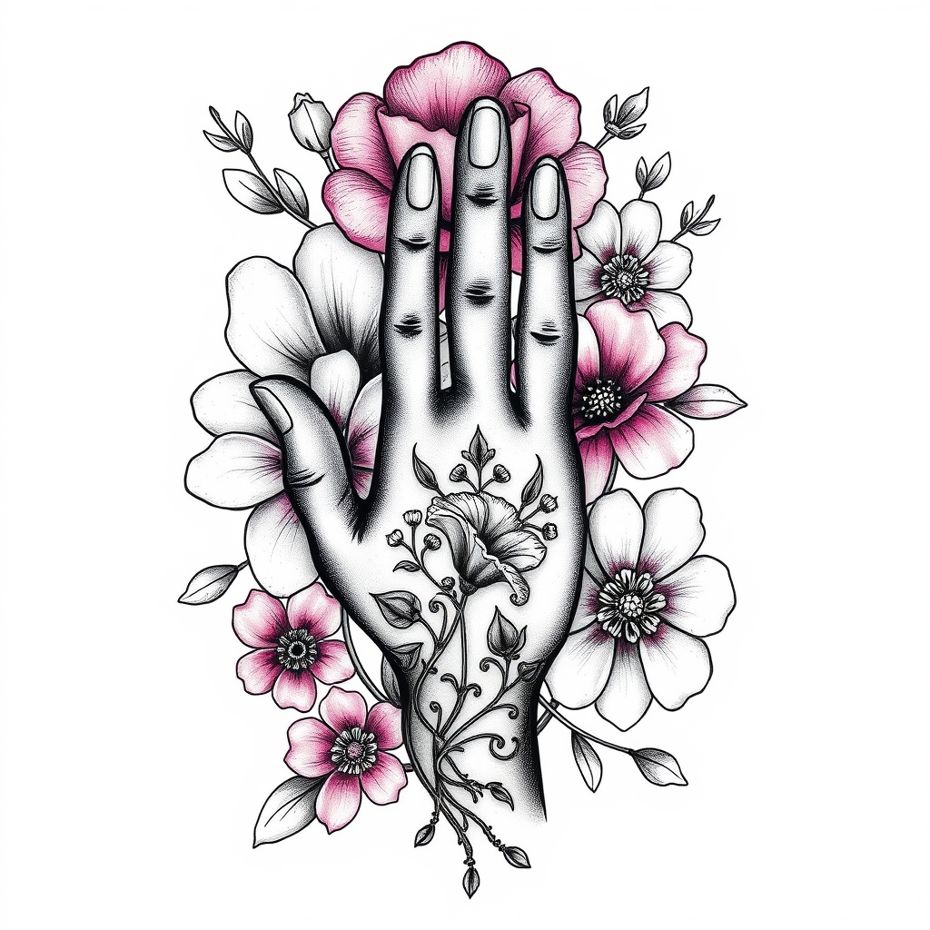 A tattoo design of flowers, with granddaughter hand print in the style of surrealistic. - family memorial tattoo design generated by AI tattoo generator