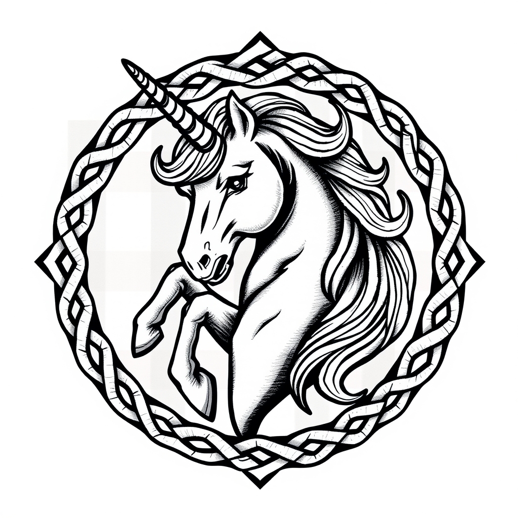 A tattoo design of Scottish unicorn, tartan background, framed in celtic knotted frame in the style of blackwork. - mythical creatures tattoo design generated by AI tattoo generator