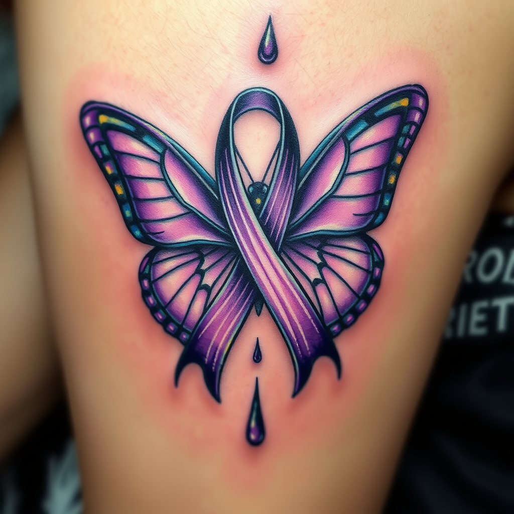 A tattoo design of  crying with the domestic awareness ribbon with a purple butterfly entwined together in the style of realistic. - awareness ribbon tattoo design generated by AI tattoo generator