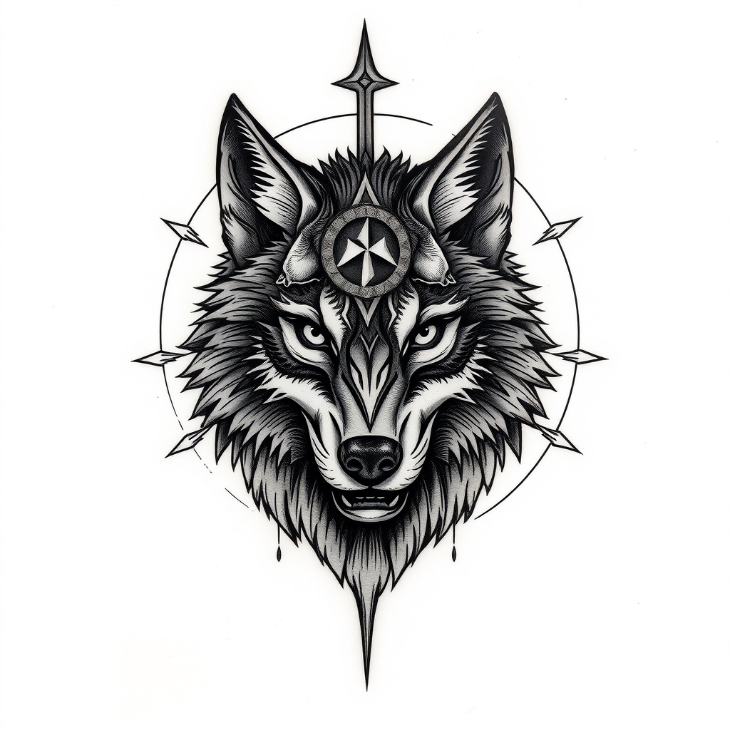 A tattoo design of God wolf spy in the style of realistic. - mythical creatures tattoo design generated by AI tattoo generator