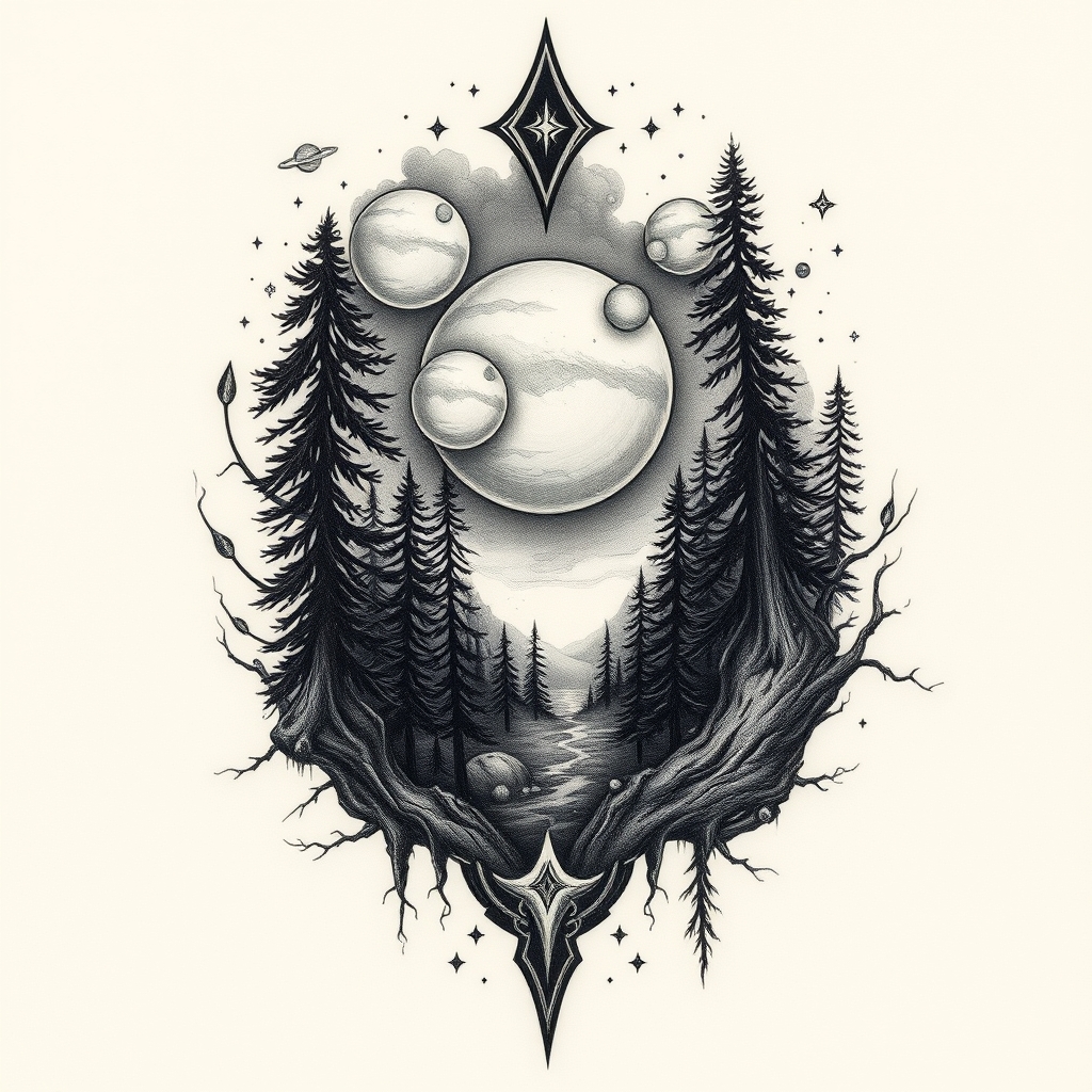 A tattoo design of Dark Forest and planets in the style of realistic. - space nature tattoo design generated by AI tattoo generator