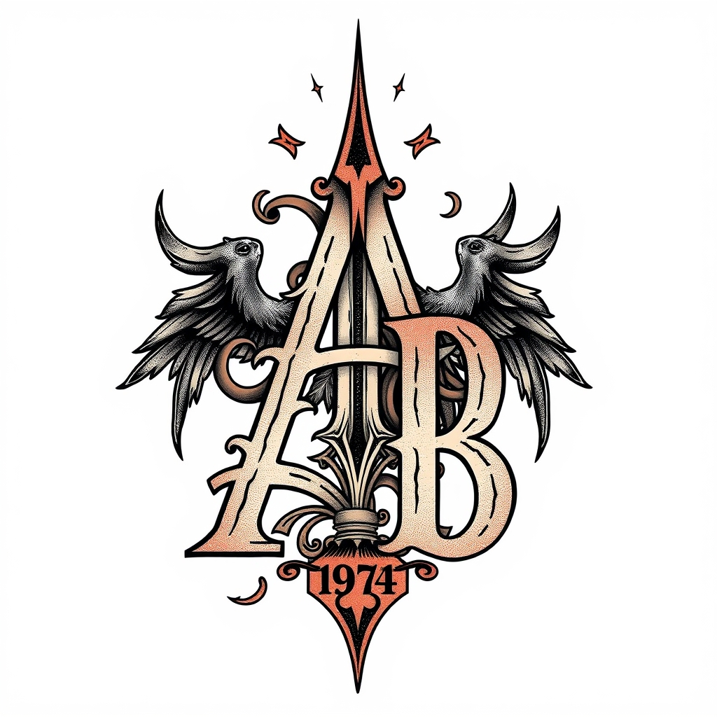 A tattoo design of Initials AB, year 1974,  in the style of surrealistic. - initials tattoo design generated by AI tattoo generator