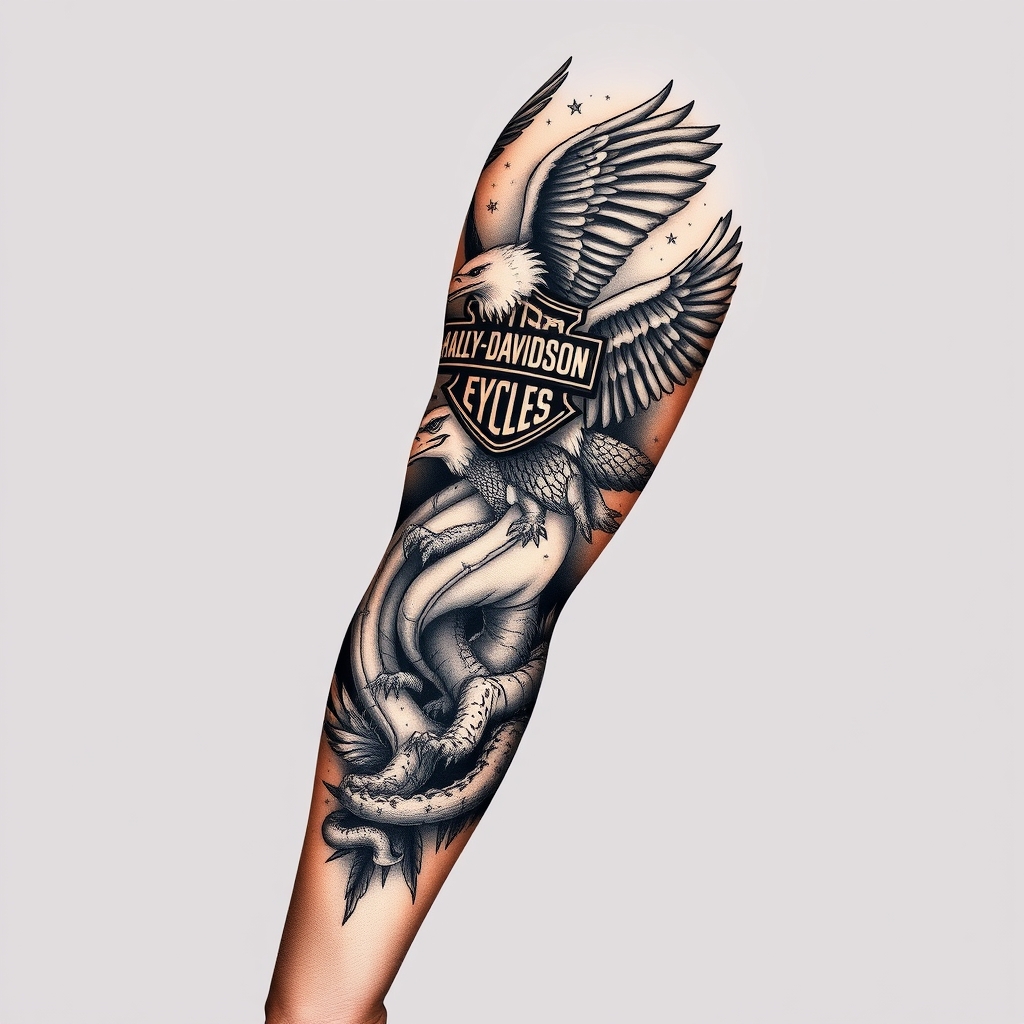 A tattoo design of Right arm full sleeve with the upper containing Harley Davidson theme with eagles mixed with the lower of Florida swamp theme with alligator in the style of realistic. - motorcycle and wildlife tattoo design generated by AI tattoo generator