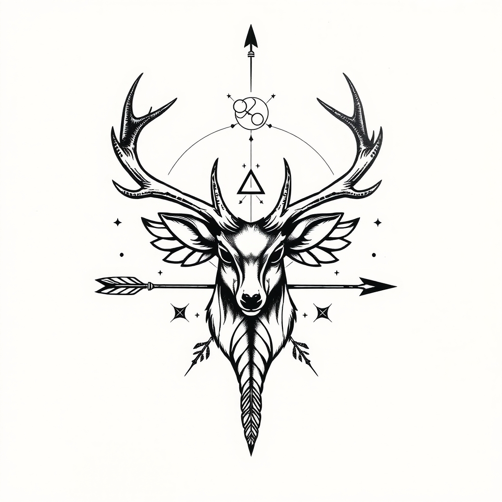 A tattoo design of Deer antlers arrow duck feather sagittarius constellation in the style of geometric. - astrology wildlife tattoo design generated by AI tattoo generator