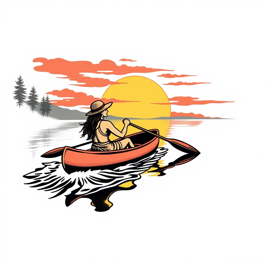 A tattoo design of Woman canoeing into the sunset in the style of traditional. - water sports tattoo design generated by AI tattoo generator