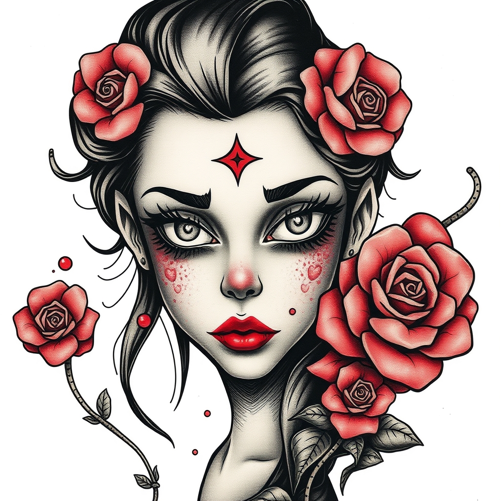 A tattoo design of Nemi girl mad face in the style of surrealistic. - anime character tattoo design generated by AI tattoo generator