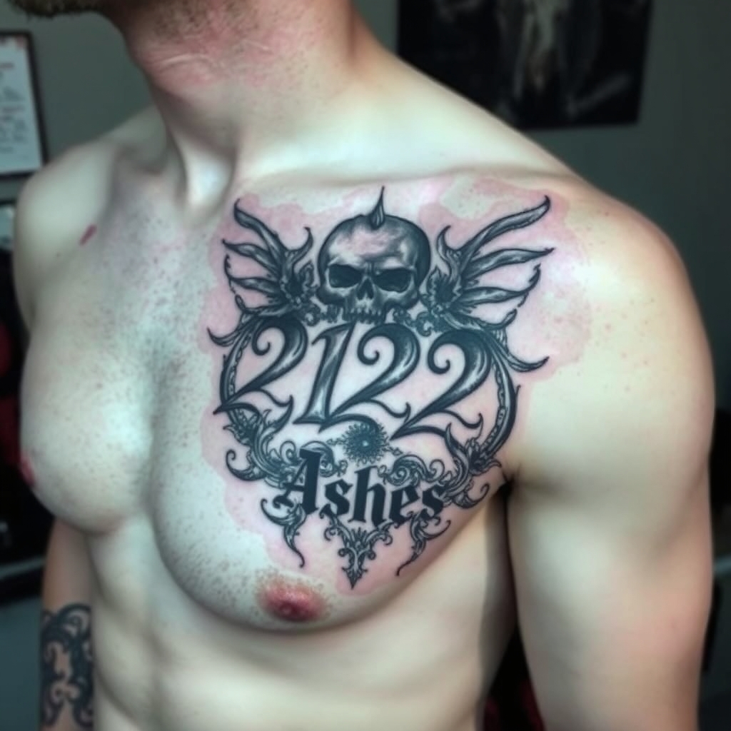 A tattoo design of "Ashes 222 Ashes" on left pectoralis in the style of surrealistic. - tattoo phrase tattoo design generated by AI tattoo generator