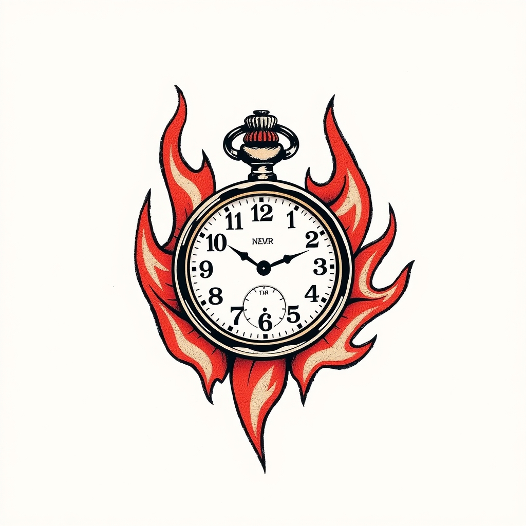 A tattoo design of vintage pocket watch on flames in the style of minimalist. - timepieces tattoo design generated by AI tattoo generator