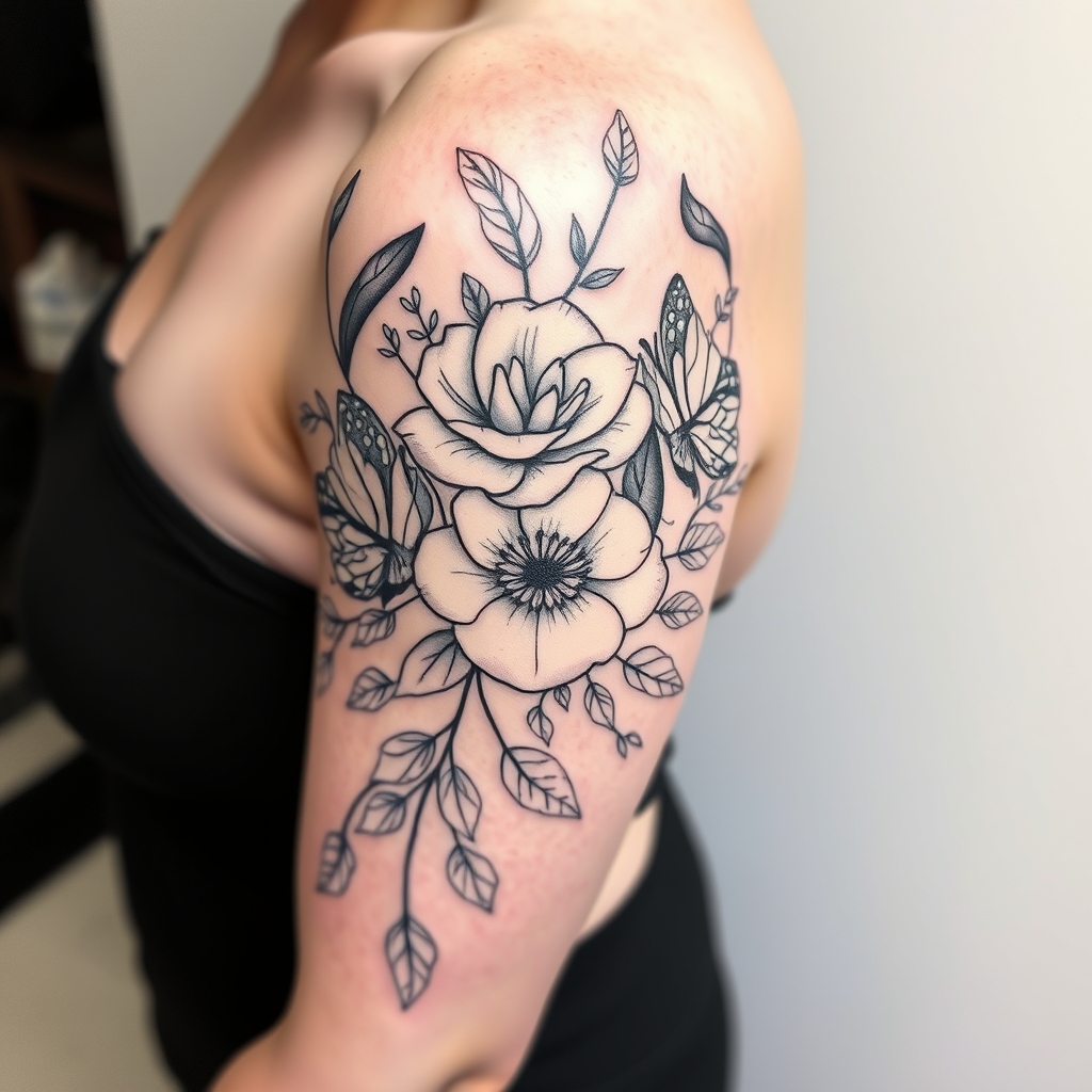 A tattoo design of A nice full half sleeve tattoo on the upper arm with flowers, rose's, butterfly's and minimalist vine leafs in black and white with fine line in the style of realistic. - floral nature design tattoo design generated by AI tattoo generator